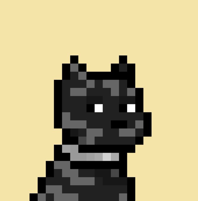 A pixel art illustration of a black cat with white eyes against a pale yellow background.