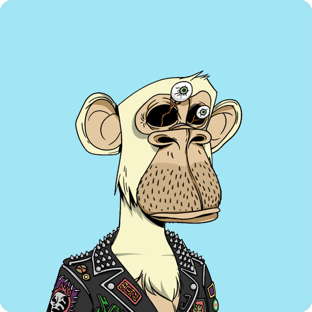 The image features a cartoon monkey wearing a leather jacket, goggles, and a spiked beard with multiple piercings. The monkey appears to be wearing a bandana or a patch that says "I cannot believe I own this BAYC". The background of the image is blue, which contrasts with the white fur on the monkey's body.

The post in question reads: "I cannot believe I own this BAYC", and it seems to be related to the monkey character from a video game or cartoon.