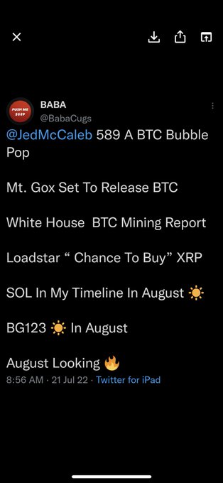 A tweet by user BABA (@BabaCugs) lists crypto predictions for August including 589 BTC Bubble Pop, Mt. Gox BTC release, White House BTC Mining Report, Loadstar XRP buying chance, and SOL and BG123 movements.