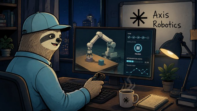 An illustration of a sloth in a cap working at a computer with 'Axis Robotics' on the whiteboard, running a robot simulation.