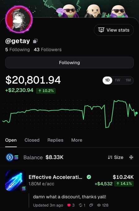 A mobile app profile screen showing user @getay with a portfolio value of $20,801.94 (up 10.2%), a balance of $8.33K, and an 'Effective Acceleration' token at $10.24K.