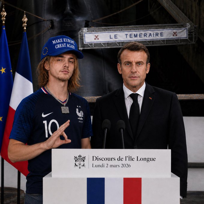 A digitally composed image showing French President Emmanuel Macron standing at a podium labeled 'Discours de l'île Longue, Lundi 2 mars 2026' next to a young man wearing a 'Make Europe Great Again' cap and France jersey #10, with 'LE TEMERAIRE' visible in the background.
