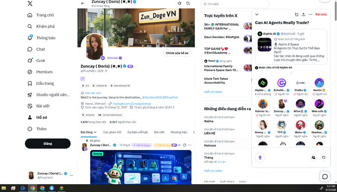 A screenshot of an X (Twitter) profile page for a user named 'Zuncay ( Doris)' (@h0gvntd10) in Vietnamese, showing their pinned tweet and various posts.