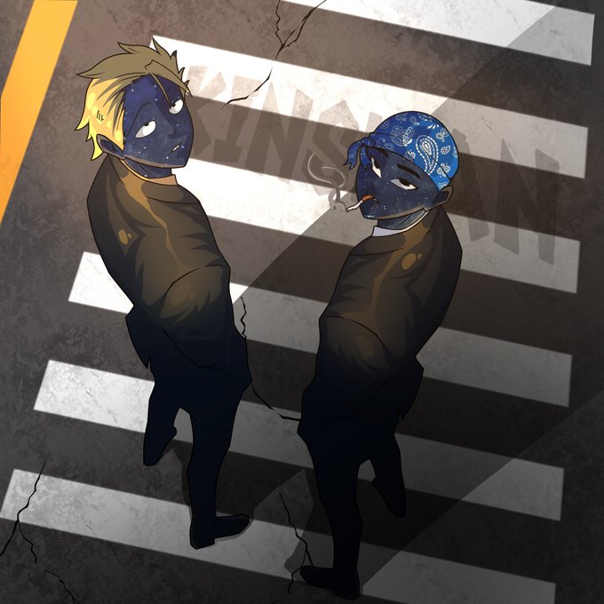 Two dark, shadowy humanoid figures with starry galaxy-patterned faces stand on a crosswalk at night, one with blonde hair and the other wearing a blue bandana and smoking a cigarette, evoking the "cops outside your window" meme that resonates with NFT collectors feeling watched by authorities or critics. The watermark "HANDY4U" is faintly visible across the image.