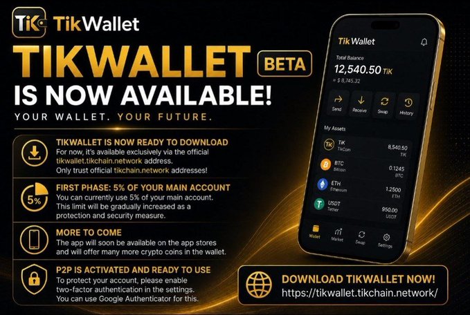 A promotional graphic announces 'TIKWALLET IS NOW AVAILABLE! BETA' with a phone mockup showing a balance of 12,540.50 TIK, plus details on first phase limits and 2FA.