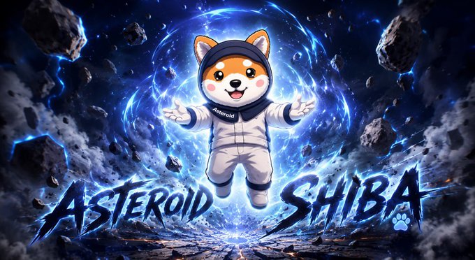 A Shiba Inu mascot in an astronaut suit floats amid glowing blue energy and floating asteroids above the bold text "ASTEROID SHIBA." The dynamic, space-themed artwork visually reinforces the post's promotion of the $Asteroid token and its $SPCX holding rewards campaign tied to the meme coin.