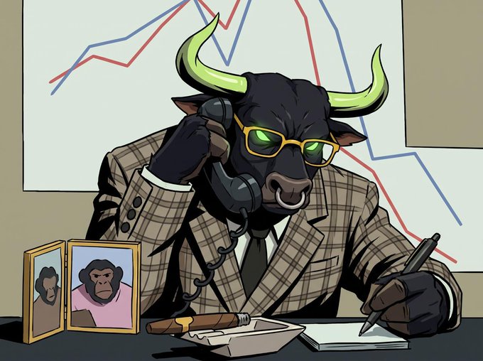 A horned bull with yellow glasses and a checkered suit talks on a phone while taking notes at a desk with framed photos and a cigar, set against a chart of red and blue downward-trending lines. The bullish imagery paired with the "BULL CALL $ANSEM" post contrasts the optimistic trader sentiment against the bearish market chart in the background.