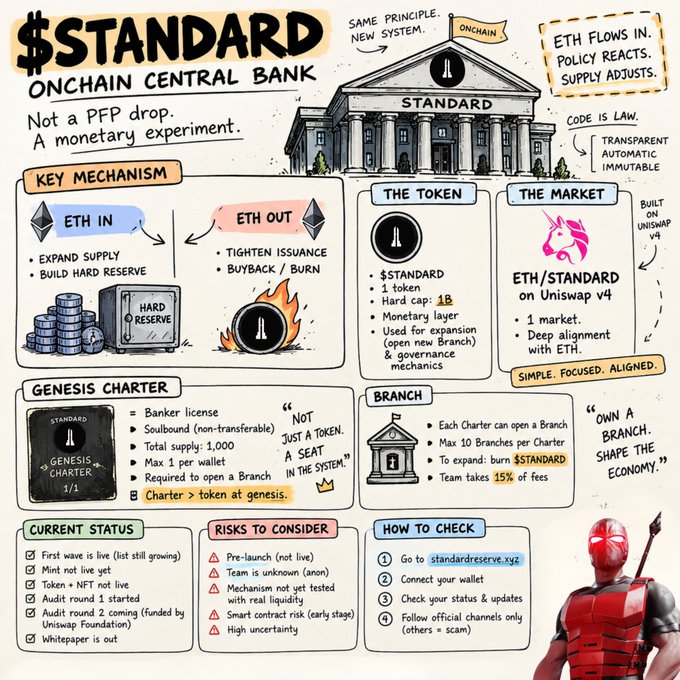 A detailed infographic titled '$STANDARD - ONCHAIN CENTRAL BANK' explaining a monetary experiment with sections on Key Mechanism (ETH in/out, hard reserve, burn), The Token ($STANDARD), The Market, Genesis Charter, Branch system, Current Status, Risks to Consider, and How to Check, with a Deadpool figure in the corner.