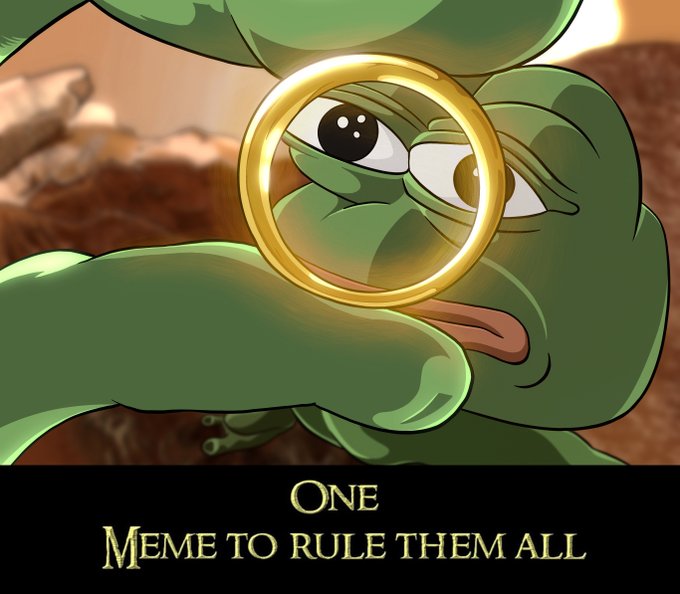 A cartoon Pepe the Frog holding a glowing golden ring over his eye, with the caption "ONE MEME TO RULE THEM ALL" — referencing *Lord of the Rings* to position $PEPE as the singular dominant meme coin. Combined with the post's message about Pepe's prior 100M-to-11B run and the warning "the frog doesn't send you a reminder before the next leg," the image frames $PEPE as a rare, once-in-a-cycle opportunity investors risk missing forever.