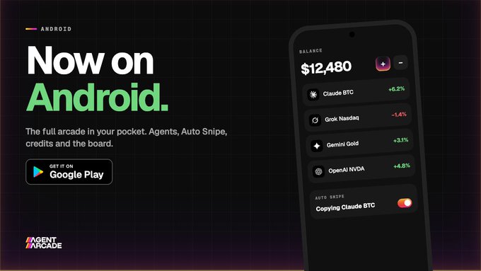 An advertisement for 'Agent Arcade' on Google Play with 'Now on Android' in large white and green text, showing a mobile app interface displaying a $12,480 balance and various assets including 'Claude BTC +6.2%', 'Grok Nasdaq -1.4%', 'Gemini Gold +3.1%', and 'OpenAI NVDA +4.5%'.