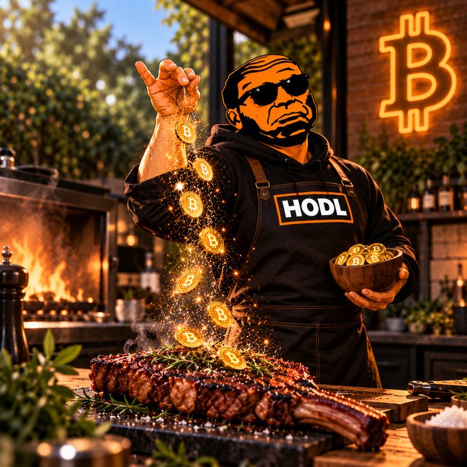 A stylized AI-generated image of a man in sunglasses wearing an apron labeled "HODL," sprinkling glowing Bitcoin coins onto grilled steak, with a Bitcoin logo neon sign in the background.