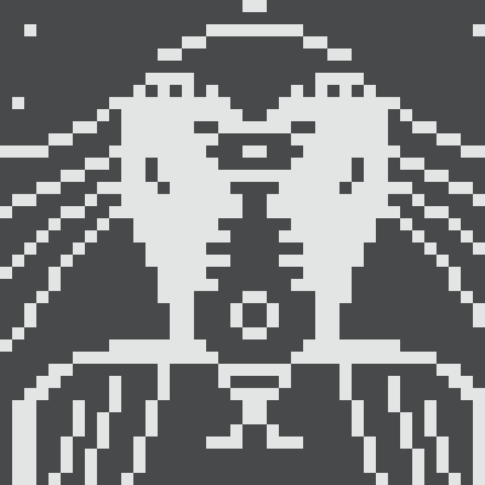A pixel art illustration of a monkey or ape face rendered in white against a dark navy background.