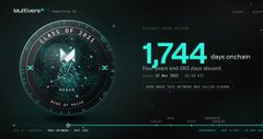 A dark-themed website screenshot showing 1,744 days remaining on a countdown timer for 'Genesis of Myth' or similar Web3 project.