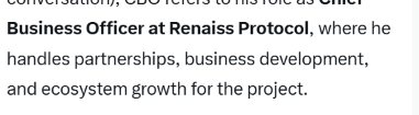 Text snippet mentioning a Business Officer at Renais Protocol handling partnerships, business development, and ecosystem growth.