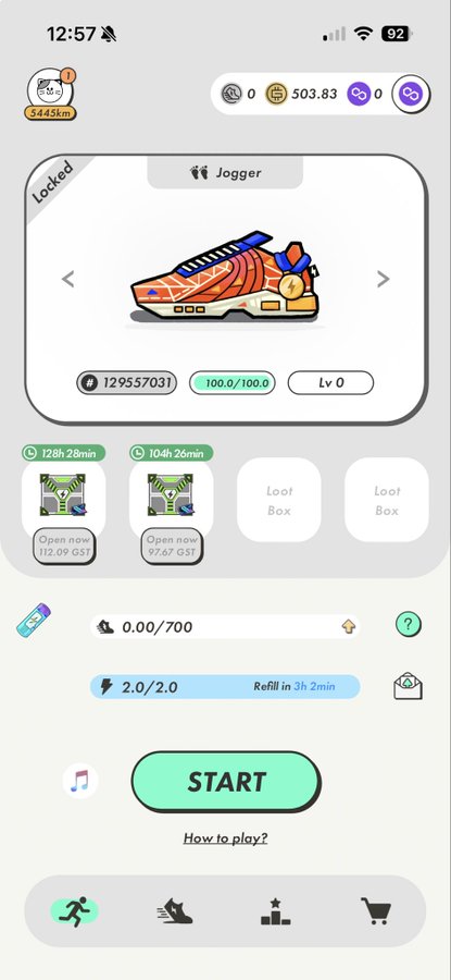 Screenshot of the STEPN app showing a 'Locked' Jogger sneaker NFT (Level 0) with stats 100.0/100.0 and energy bar at 2.0/2.0, featuring a green START button.