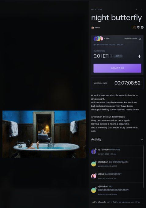 A digital auction page for an NFT titled 'night butterfly' by NAYLA, showing a current bid of 0.01 ETH, approximately 7 days remaining, and activity from bidders like @Tone561 and @iitakeit.