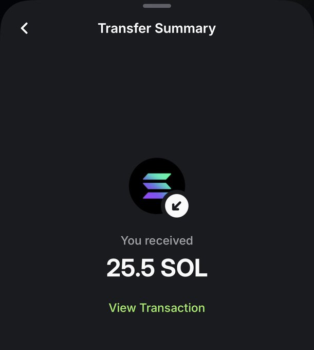 A mobile app Transfer Summary screen on a dark background showing a received transfer of 25.5 SOL with a Solana logo and a 'View Transaction' link.