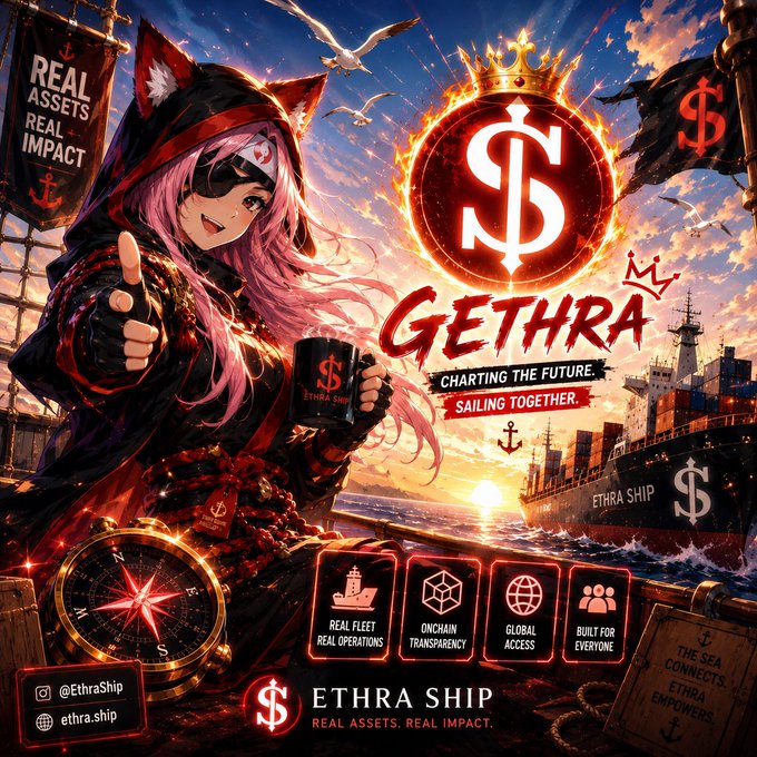 A promotional graphic for 'GETHRA / ETHRA SHIP' featuring anime-style art of a pink-haired character in a pirate hat, with text 'Real Assets Real Impact', 'Charting The Future Sailing Together', and social handles @EthraShip and ethra.ship.
