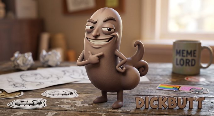 This image features the "Dickbutt" meme character, along with a "Meme Lord" mug and trollface stickers, likely referencing a playful or ironic take on cryptocurrency investments. The text "DICKBUTT" is visible at the bottom of the image.