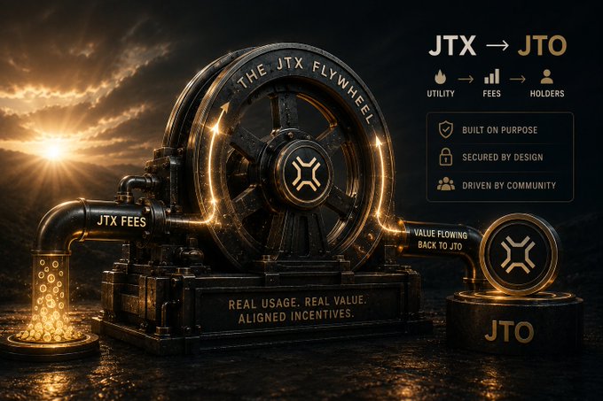 A dark, industrial-themed promotional graphic for 'The JTX Flywheel' showing JTX converting to JTO through Utility, Fees, and Holders, with tags 'Built on Purpose', 'Secured by Design', and 'Driven by Community'.