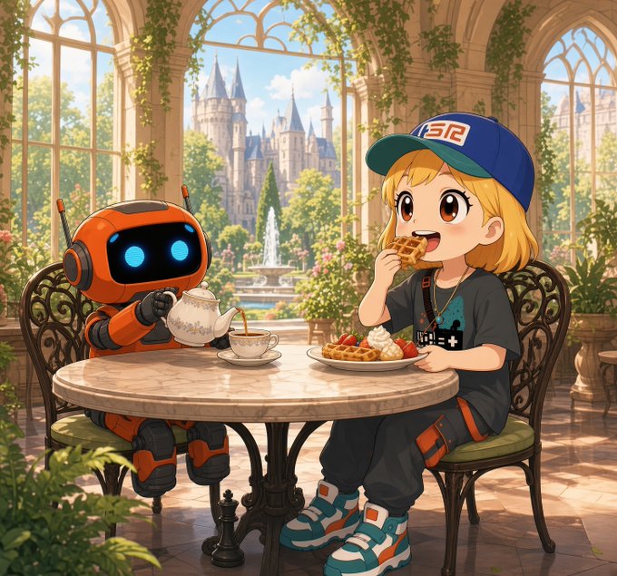 An anime-style illustration of a young blonde girl wearing a blue cap with "SR" on it, sitting at an ornate marble table enjoying waffles with a small orange robot, set in a sunlit conservatory with a castle visible in the background.