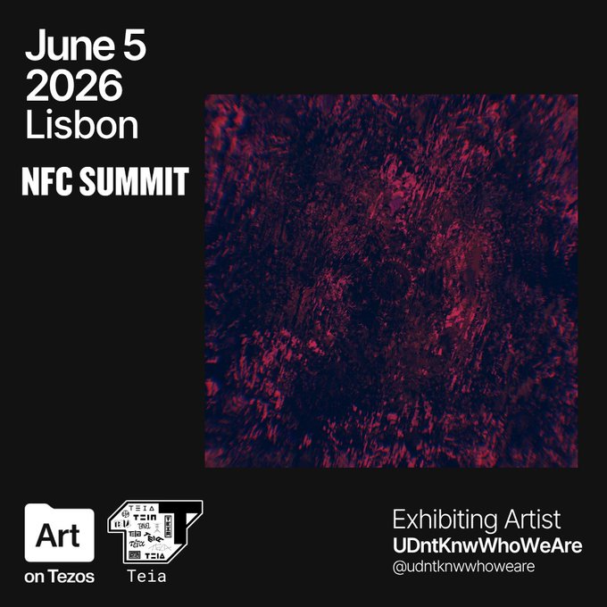 The image features a poster or flyer for an event called "Exhibiting Artist UDNtKnowWhoWe are" at the "Art @ Teos" exhibition in Lisbon, Portugal. The poster has a dark background with red text that reads "Pleased to present @udntknwwoeare as one of our curated artists for Teia's Exhibition #CyclesNFCLisbon for the @art teeas show June 5th!".