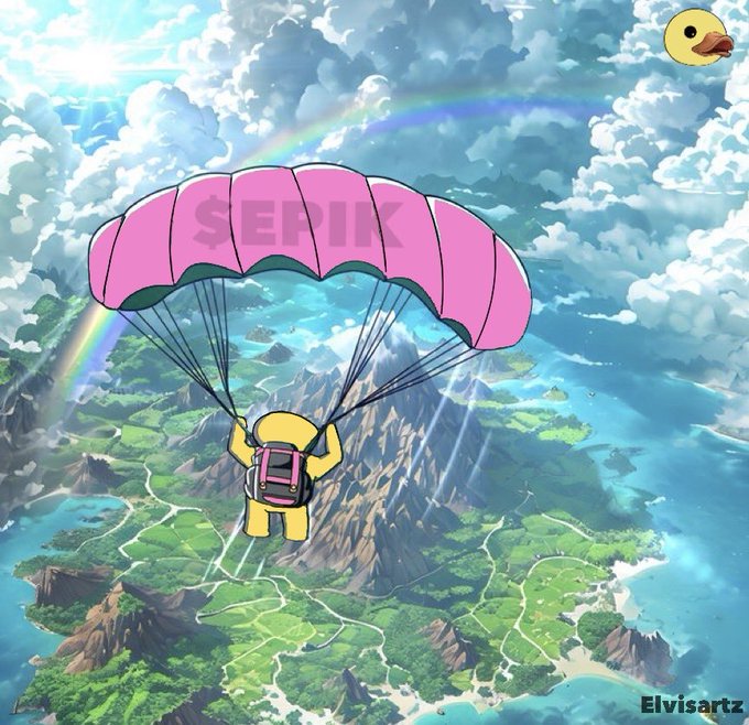A yellow duck-like character parachutes over a lush, mountainous island beneath a rainbow, with "$EPIK" printed on the pink parachute and a small duck face logo in the corner. The image visually promotes the upcoming $EPIK token and the @educkcoin project, fitting the "coming soon" announcement.