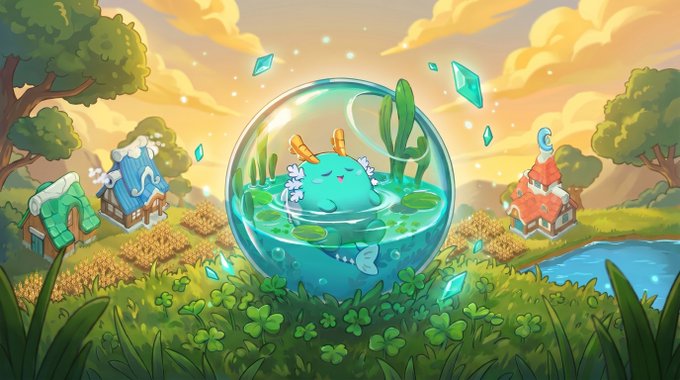The image features a cartoon illustration of a green monster swimming inside a glass jar filled with water, surrounded by various objects such as houses, trees, and other animals. The background includes a sunset over a grassy area, adding to the overall atmosphere of the scene. The caption provided is related to the game "@AxieInfinity" and talks about a new feature called "Terrariums: your land and axies become an hourly engine earning bAXS on its own". This suggests that the image might be promoting or discussing this new game element, which could potentially be a part of the game's storyline.