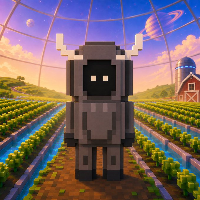 A pixel-art style character wearing a gray bull/horned hoodie outfit stands in a voxel farm environment with crops, irrigation channels, and a glass dome revealing planets and sky in the background.