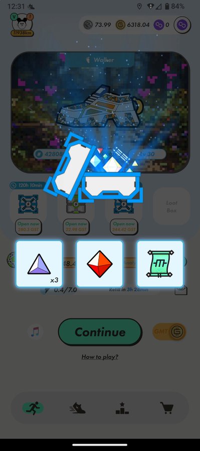 A mobile game screenshot showing pixel-art items including purple and red gems and a scroll icon, with game currencies (73.99, 6318.04) and a 'Continue' button at the bottom.