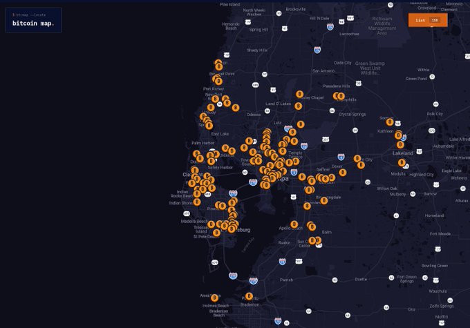 A 'bitcoin map' showing the state of Florida with numerous orange Bitcoin location markers concentrated around the Tampa and Orlando areas.