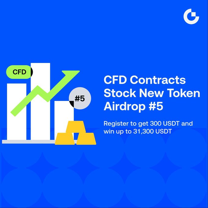 A blue promotional graphic for a CFD Contracts Stock New Token Airdrop #5, featuring bar chart graphics with gold bars and a green upward arrow, advertising a 300 USDT sign-up bonus and up to 31,300 USDT prize for registering.