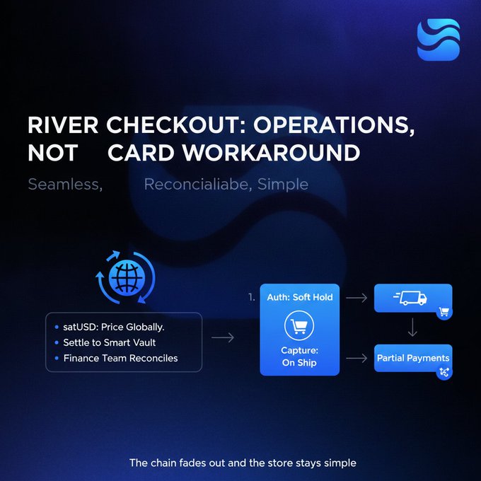 A presentation slide titled 'RIVER CHECKOUT: OPERATIONS, NOT CARD WORKAROUND' describes a seamless e-commerce checkout flow featuring satUSD pricing, soft holds, capture on ship, and partial payments, with the tagline 'The chain fades out and the store stays simple.'