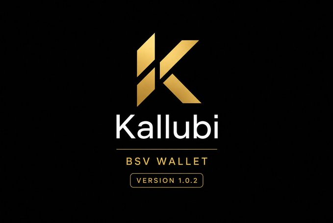 The Kallubi BSV Wallet logo displayed on a black background, marked as Version 1.0.2 with a gold geometric 'K' emblem.