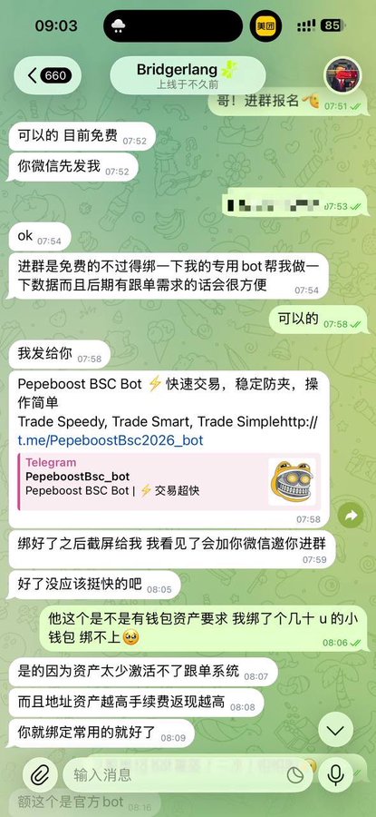 A Chinese Telegram chat conversation with 'Bridgerlang' discussing a 'Pepeboost BSC Bot' for trading Speedy, Trade Smart, and Trade Simple, with messages about binding wallets and sniping functionality.