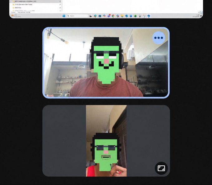 Two people are on a video call with pixelated green face filters applied; the top screen shows a browser interface.