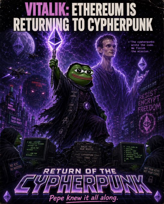 The image features a poster for "Return of the Cyperpunk". The poster has a man dressed as a frog holding a staff, surrounded by various objects such as a computer monitor, a keyboard, and a mouse. The background of the poster is purple with a cityscape in the background. The text on the poster reads: "Ethereum is returning to cypherpunk."