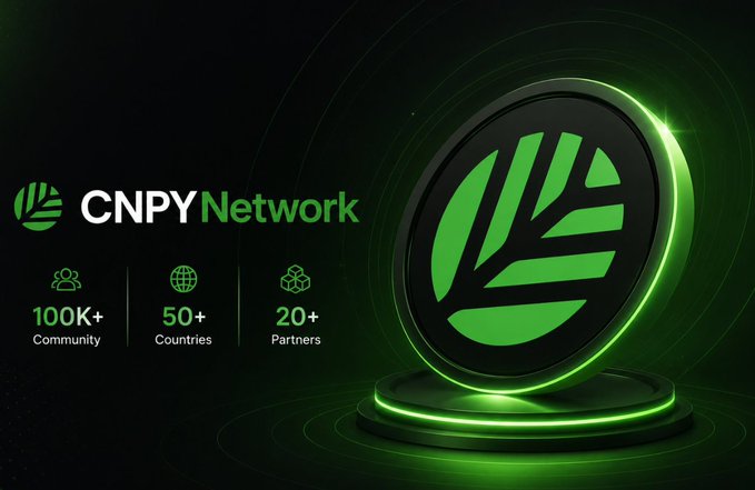 Promotional graphic for CNPY Network featuring a green circular leaf logo on a dark background, highlighting stats: 100K+ Community, 50+ Countries, and 20+ Partners.