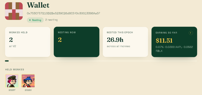A screenshot of a digital wallet dashboard displaying the address starting with 0x753Cf57210D2Be5239C26d8C5f0b30013398Aa5F, showing 2 monkies held (10187 and 10185), 2 nesting, a nested epoch of 26.9h across all monkies, and $11.51 earned so far.