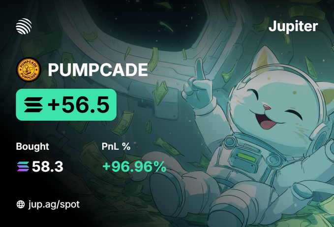 Promotional graphic for Jupiter's PUMPCADE token showing a +56.5 price increase, bought at 58.3 with a +96.96% PnL, featuring an astronaut cat illustration and the link jup.ag/spot.