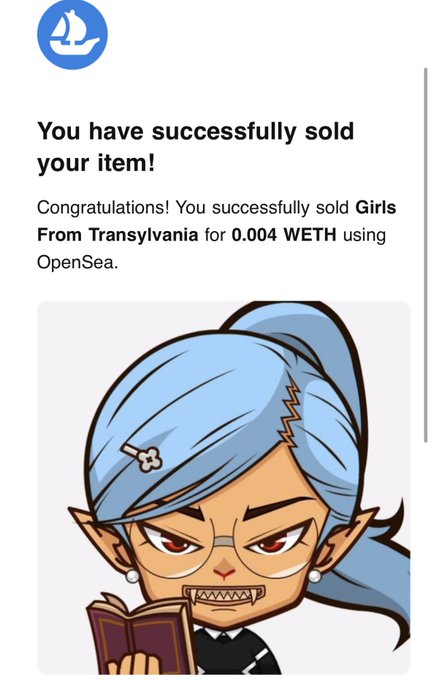 A OpenSea mobile notification reading 'You have successfully sold your item!' announcing the sale of 'Girls From Transylvania' for 0.004 WETH, accompanied by an anime-style character with blue hair, glasses, and fangs holding a book.