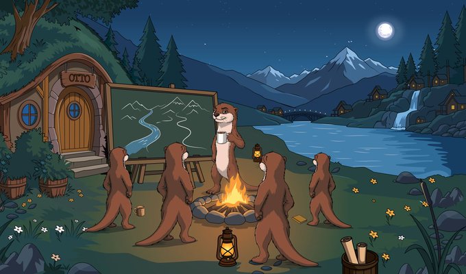A cartoon nighttime scene shows several otters gathered around a campfire near a clubhouse labeled "OTTO," with one otter teaching others in front of a chalkboard while another holds a lantern. The image relates to the post by personifying the Otto community as otter characters cautioning against wallet manipulation tactics used by competitor projects like @Mabeloffical, @Scrambller, and @Excaliburweb3, who are accused of using alt wallets to mislead people into minting.