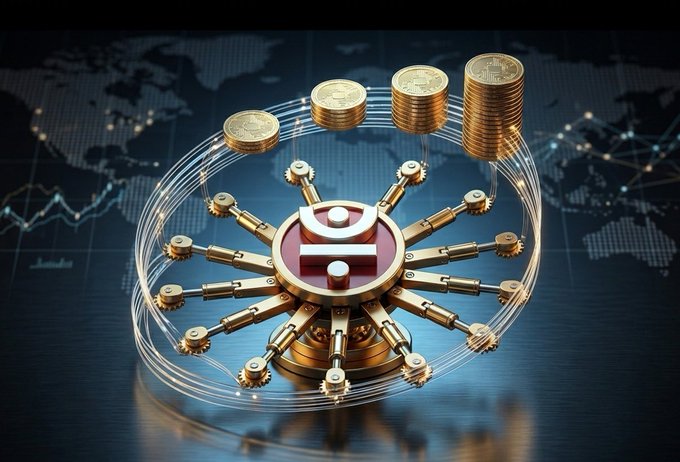 A 3D rendering shows stacks of gold coins and a complex mechanical device featuring a red logo with a human figure, set against a world map.