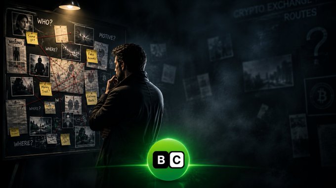 A man stands in a dimly lit room studying an investigation board covered in photos, maps, and notes labeled with "WHO?", "WHERE?", and "MOTIVE?", suggesting deep research into BestChange. In the foreground, a glowing green logo displays "BC" alongside the text "CRYPTO EXCHANGE ROUTES" and a Bitcoin symbol, reinforcing the post's theme of uncovering BestChange's 19-year evolution as a leading crypto exchange rate aggregator recognized at the Crypto Impact Awards.