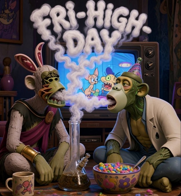 A cartoon illustration with the text "FRI-HIGH DAY" features a zombie-like creature with bunny ears and a green ape character smoking from a bong in front of a TV showing other cartoon figures.