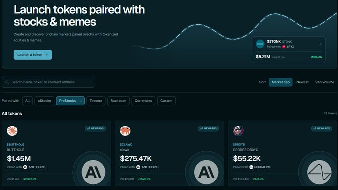 The image displays a dark-themed token launch platform interface with the headline "Launch tokens paired with stocks & memes," showing a search bar, category filters (PreStocks selected), and a "All tokens" section featuring tickers like $STONK (paired with $SPY), $BUTTHOLE (paired with $ANTHROPIC, $1.45M market cap), $CLAWD ($275.47K, paired with $ANTHROPIC), and $DRYDD ($55.22K, paired with $NEURALINK) — visually reinforcing the post's promotion of "$Stonk season" by showcasing the $STONK/WSI token with a $5.21M market cap as a flagship example.