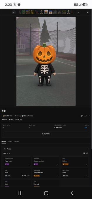 A mobile screenshot showing a digital collectible marketplace listing for a 3D character wearing a pumpkin head and skeleton costume, displayed on a dark-themed interface with trait details.