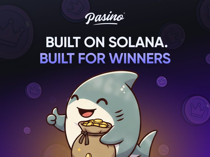 A Pasino promotional graphic reading 'BUILT ON SOLANA. BUILT FOR WINNERS' featuring a cartoon shark holding a bag of gold coins against a purple coin-patterned background.