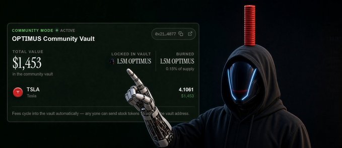 A promotional image for 'OPTIMUS Community Vault' showing a hooded figure with a glowing blue neon mask and red antenna, alongside wallet interface displaying $1,453 total value, 3M OPTIMUS locked, and TSLA Tesla holdings of 4.1061 tokens.
