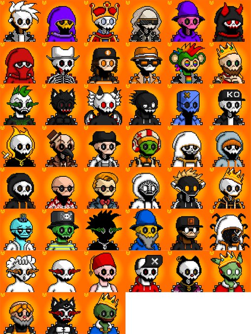 Grid of pixel art characters with skull-like faces wearing various costumes including crowns, hats, hoods, and military gear on an orange background.